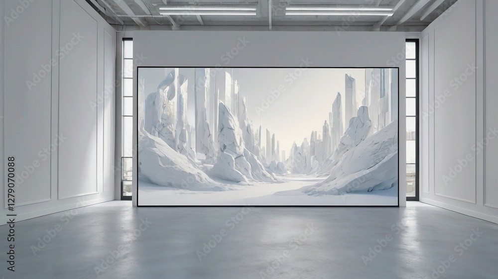 Poster pristine white screen reflecting expansive urban scape in modern gallery setting with bright dayligh