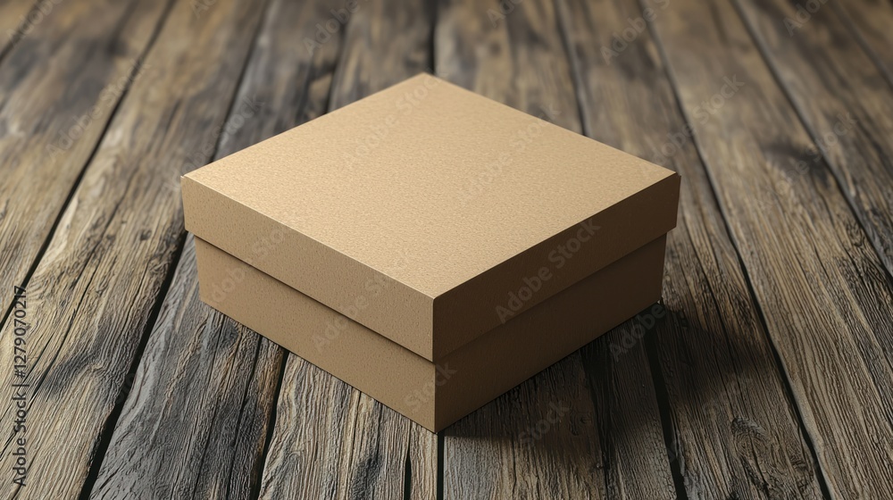 Aufkleber a realistic 3d rendering of a box mockup with a blank design on it, set on a wooden surface for prod
