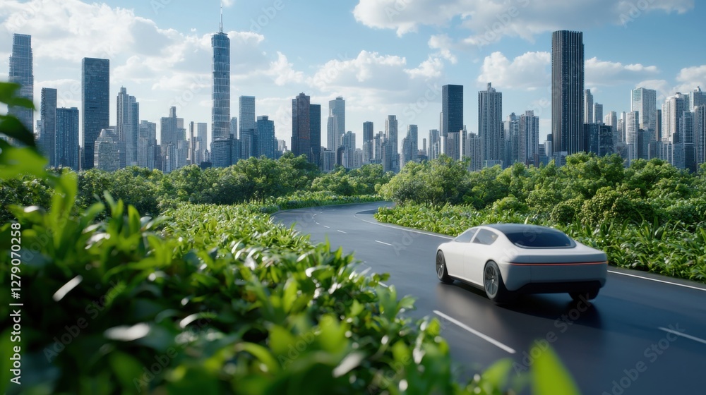 Poster futuristic cityscape with smart city infrastructure that dynamically adjusts and adapts to emerging 