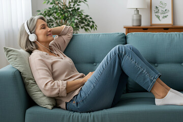 Fototapeta premium Relaxed Senior Woman Listening to Music on Couch