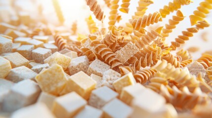Artistic display of pasta shapes on textured surface closeup shot in soft morning light realistic food photography