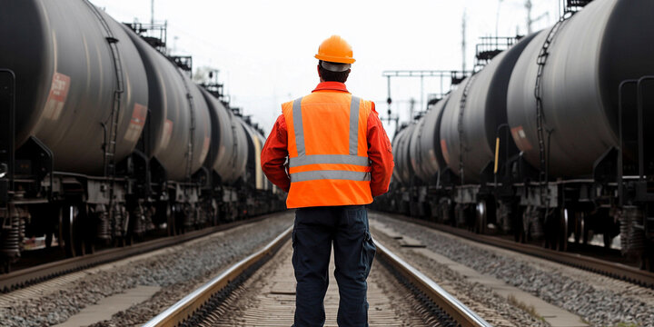 Worker in safety vest monitors railway tankers at yard. Generative AI