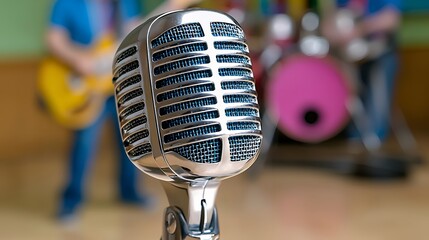 Retro microphone, band rehearsal, music studio, performance