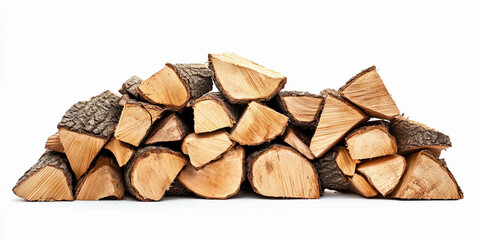Cut and stick firewood stacked neatly on white background. Generative AI