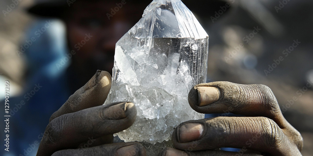Poster miner showcases crystal found in remote location. generative ai