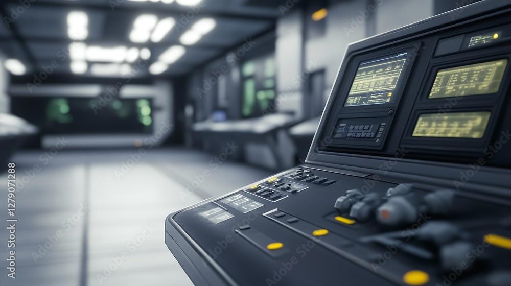 Poster a control panel for managing space-time distortions in a futuristic sci-fi setting.