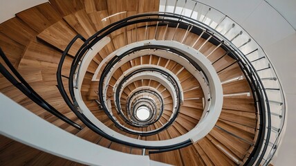 Fototapeta premium Abstract Spiral Staircase Minimalist Design in Warm Wood and Metal in Modern Architecture