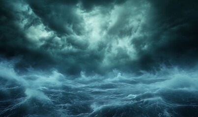 Obraz premium Dramatic image of a stormy sea featuring towering waves and striking lighting conditions.