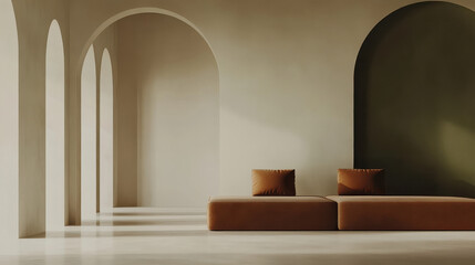 A modern minimalist lounge with layered arch structures, painted in warm earthy tones like terracotta and olive green