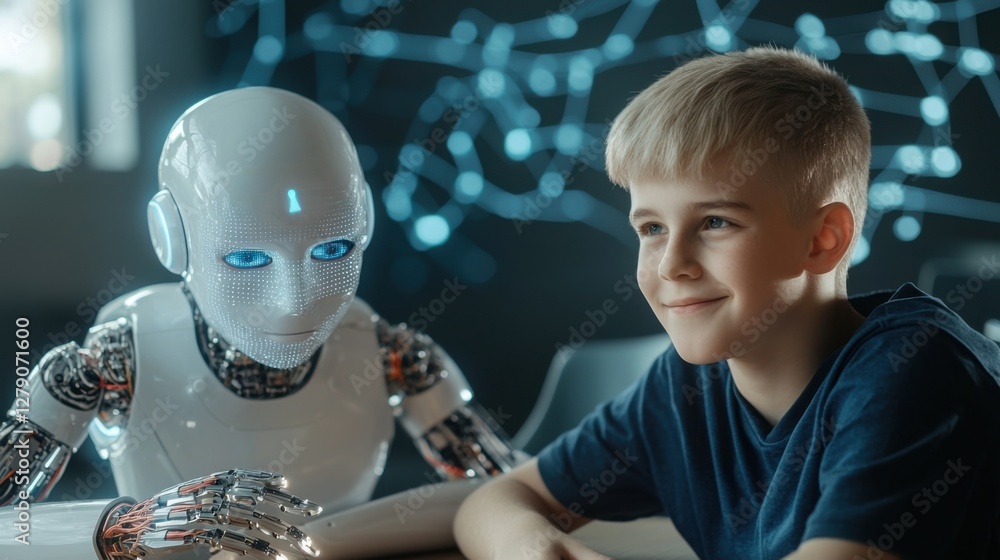 Poster futuristic image of a student learning from an mentor in a digital classroom of the future. the scen