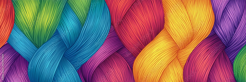 Poster vibrant rainbow woven yarn string seamless pattern design. generative ai