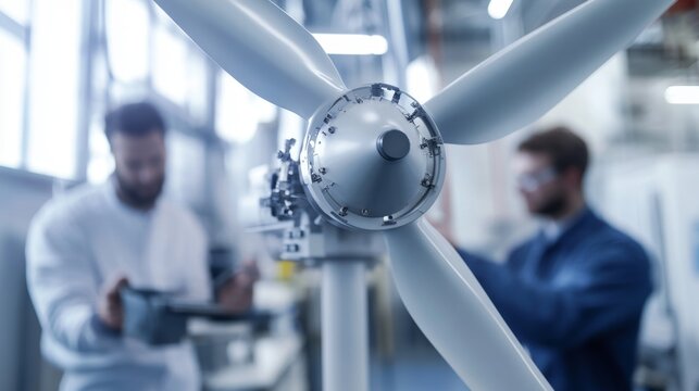 Engineers analyzing wind turbine on-site close-up shot technical environment focused viewpoint renewable energy concepts