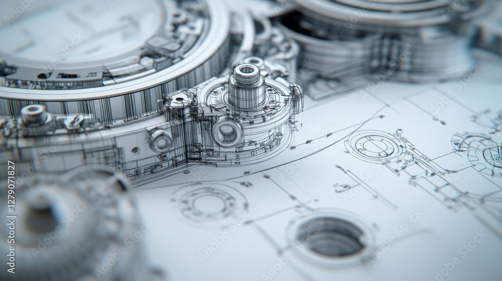Poster analyzing cad model engineering drawing workshop closeup view technical environment detailed perspec
