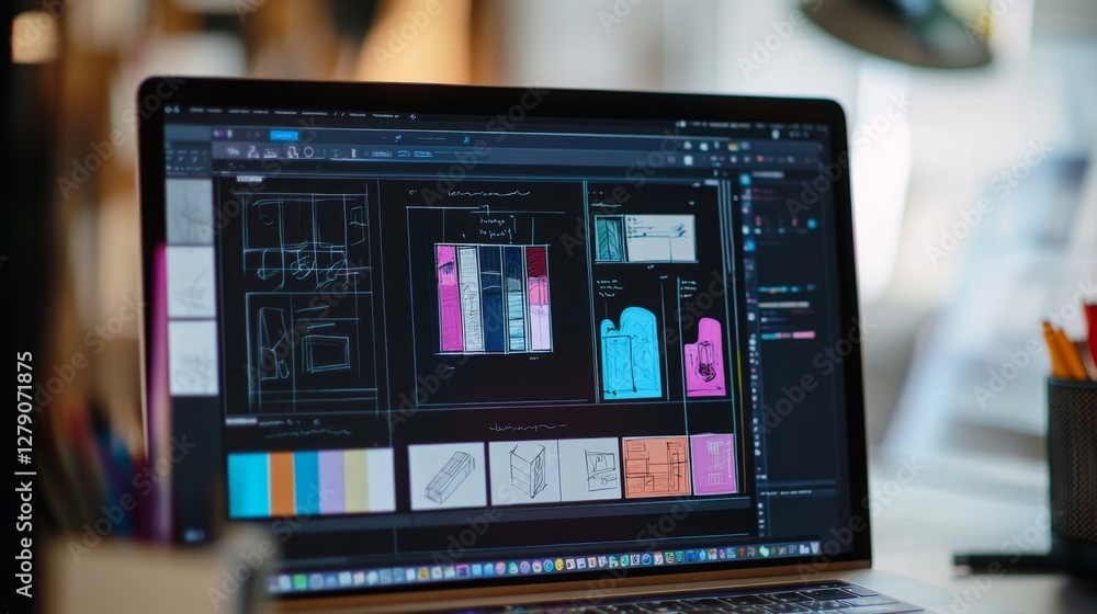 Poster design workflow chart closeup digital workspace infographic creative studio detailed perspective pro