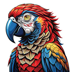 A vibrant parrot with highly detailed feathers, perched and tilting its head inquisitively.  Capture the intricate texture and color of its plumage.