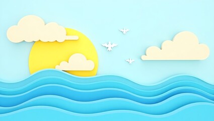 Fototapeta premium Stylized seascape with layered blue waves, fluffy clouds, a jagged yellow sun, and white birds in flight. A vibrant, modern, and serene digital illustration.