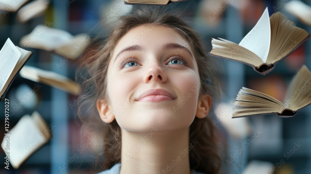 Poster student rapidly absorbing knowledge and insights from a futuristic floating holographic interface, r
