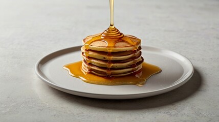 Golden Pancakes Stack with Dripping Syrup on White Plate with Minimalist Stone Background Creates Delicious Breakfast Meal