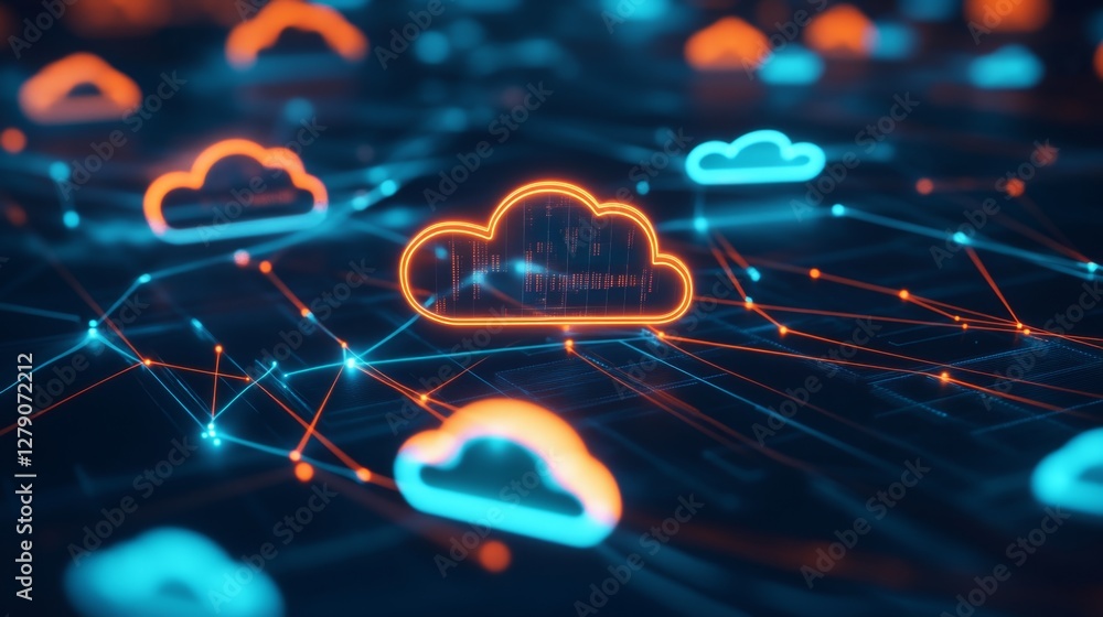 Poster transforming cloud computing networks of glowing data streams digital sphere visualization tech envi