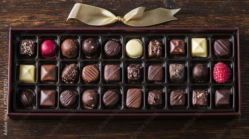 Poster a box of assorted chocolates with a satin ribbon on top, elegantly displayed on a table for a gift-g