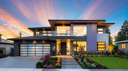 Modern architectural home with a sleek design, surrounded by vibrant landscaping under a colorful sunset.