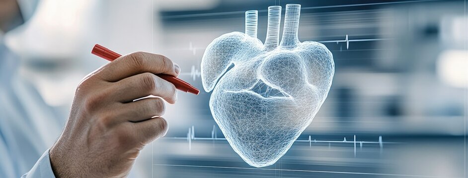 Innovative 3D heart model displayed in a medical facility while a professional highlights key features with a red pen