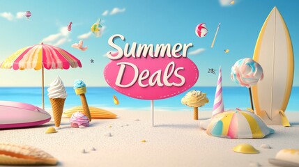 Colorful summer sale banner beach umbrella digital marketing online store vibrant colors promotional concept