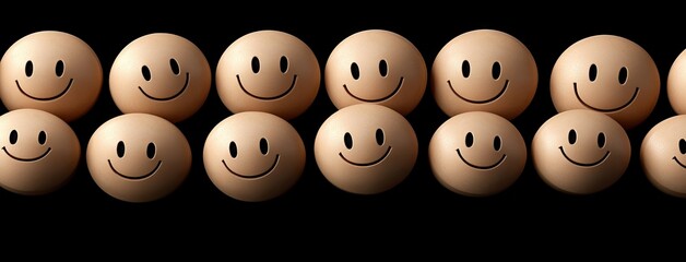 Fototapeta premium Collection of wooden smiley faces lined up against a dark background, showcasing joy and positivity in a simple design