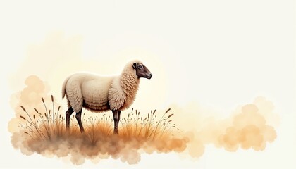 Fototapeta premium Soft Watercolor Sheep Grazing in Impressionistic Field Landscape