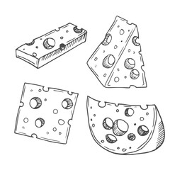 Cheese Doodle hand drawn line icon set. Different piece slice cheese for menu, design restaurant, cafe. Vector illustration