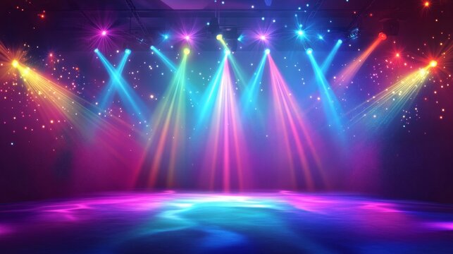 Vibrant light show concert venue multimedia performance nighttime atmosphere audience perspective colorful stage light show