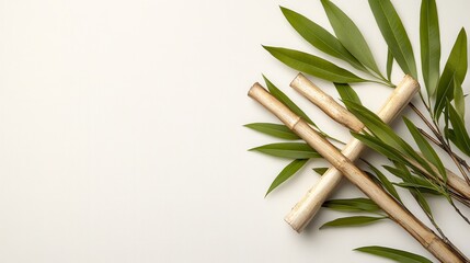 Bamboo Stalks with Green Leaves on Textured White Background Overhead View