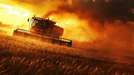Fototapeta premium Harvest Sunset: Golden Fields and a Combine Harvester