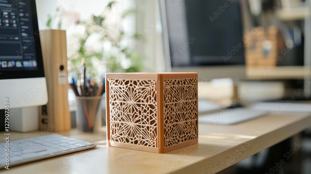 Poster a 3d-printed box model placed on a desk, showcasing intricate details and a unique design.
