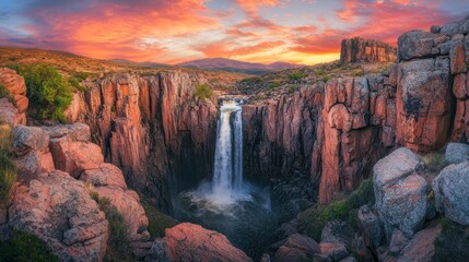 Majestic Waterfall Cascading Down Rocky Canyon at Sunset