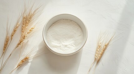 White Flour in a Bowl Surrounded by Wheat Stalks on a Light Surface