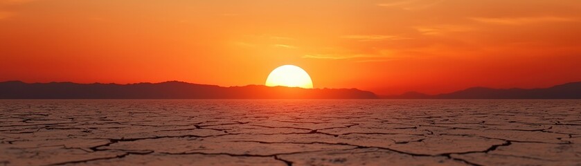 Breathtaking Sunrise Over Cracked Desert Landscape with Vibrant Orange and Yellow Sky