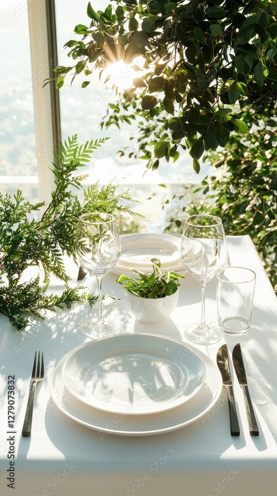 Poster elegant dinner table setup with symmetrical plate arrangement indoor garden setting photography soft