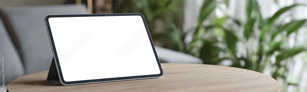 Poster a modern tablet with a blank white display positioned in a contemporary setting.