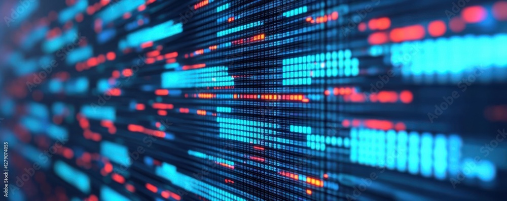 Poster a vibrant digital representation of data streams, showcasing a blend of blue and red lights in a gri