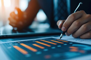 A professional analyzing financial data on a tablet, focusing on a chart with orange bars, showcasing business insights and trends.