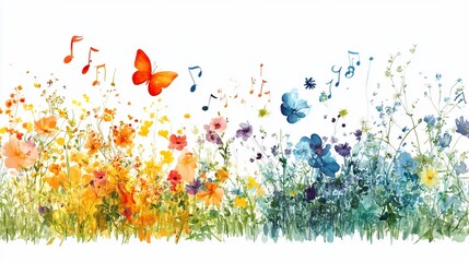 Colorful wildflowers, musical notes, butterfly, meadow, spring