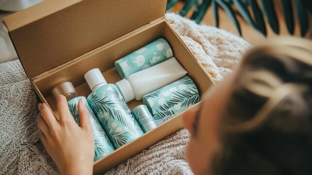 A person opening a subscription box filled with skincare products, revealing the contents with excitement.