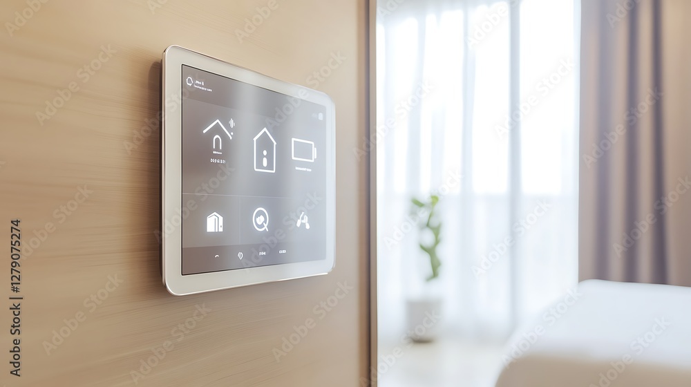 Poster a futuristic touchscreen smart mirror displaying a modern home environment.