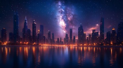 Fototapeta premium Illuminated Urban Skyline Night Stars Reflections Milky Way Dreamlike Cityscape | AI Generated
