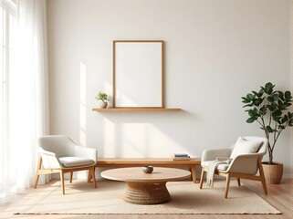 Fototapeta premium japandi empty frame mockup in minimalist living room, warm wood furniture, textured neutral walls, cozy lighting, handcrafted decor, serene space