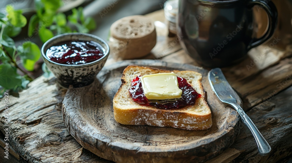Poster a rustic breakfast setup with a slice of toasted bread topped with butter and jam.
