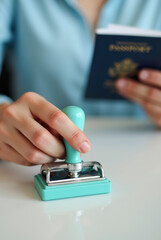 Close-Up of a Hand Preparing to Stamp a Passport with a Rubber Stamp
