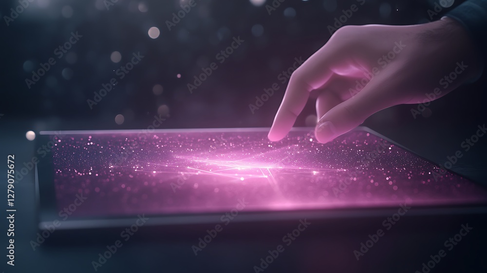 Poster a holographic touchscreen with a transparent design, featuring a glowing effect, ideal for modern te
