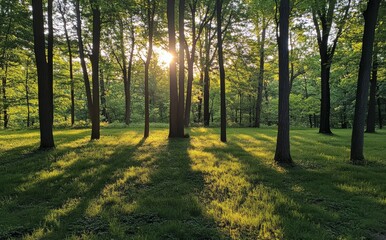 Obraz premium A serene forest scene at sunrise, with tall trees casting long shadows and the sun's rays piercing through to light up the landscape
